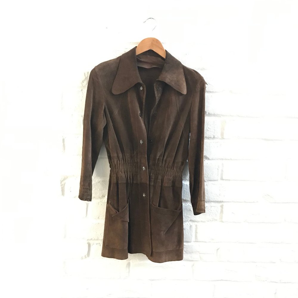Vintage Jacket Women Small Brown Suede Authentic 60s Coat Mid Length Wide Collar